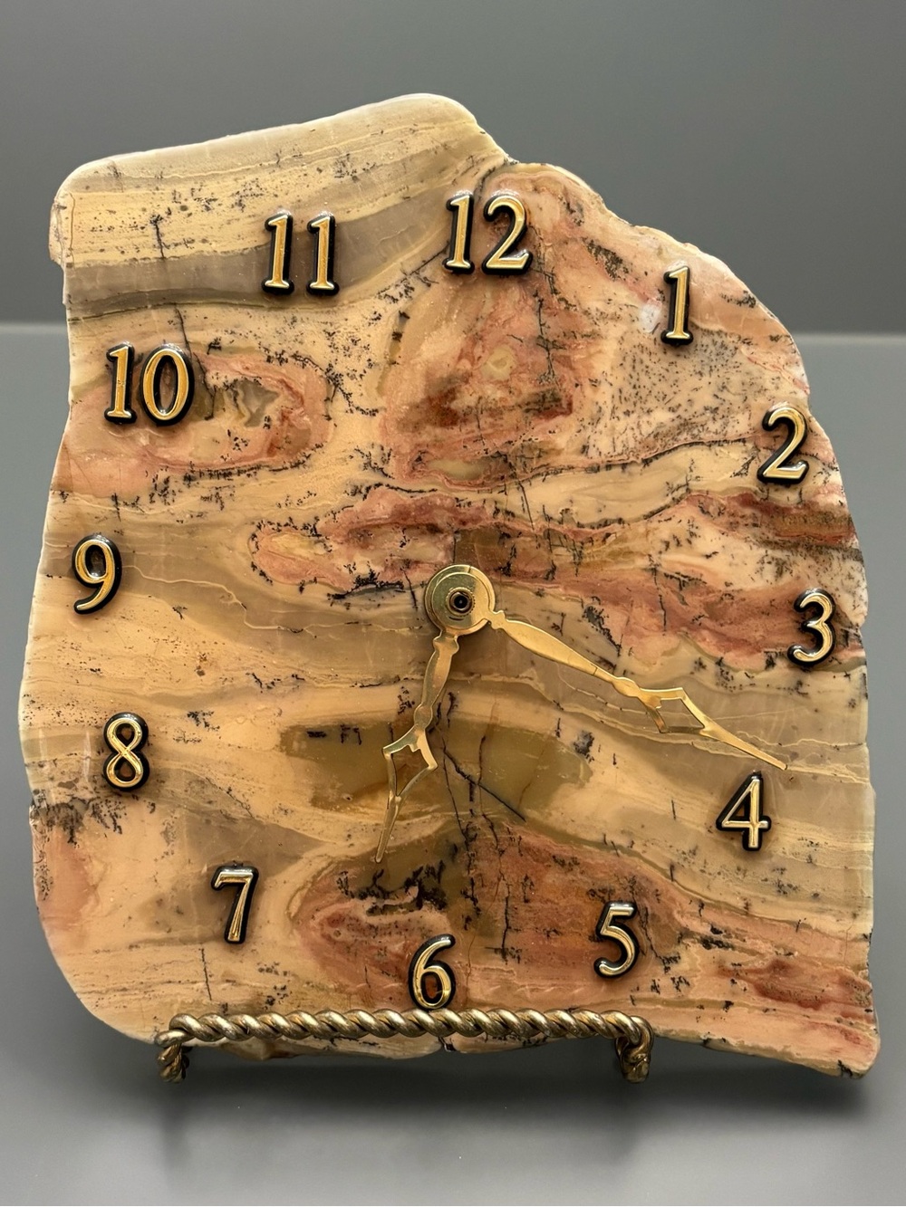 Stone Clock Live Edge Agate Wall Hanging 7” MCM Vintage Natural Decor Artisan
